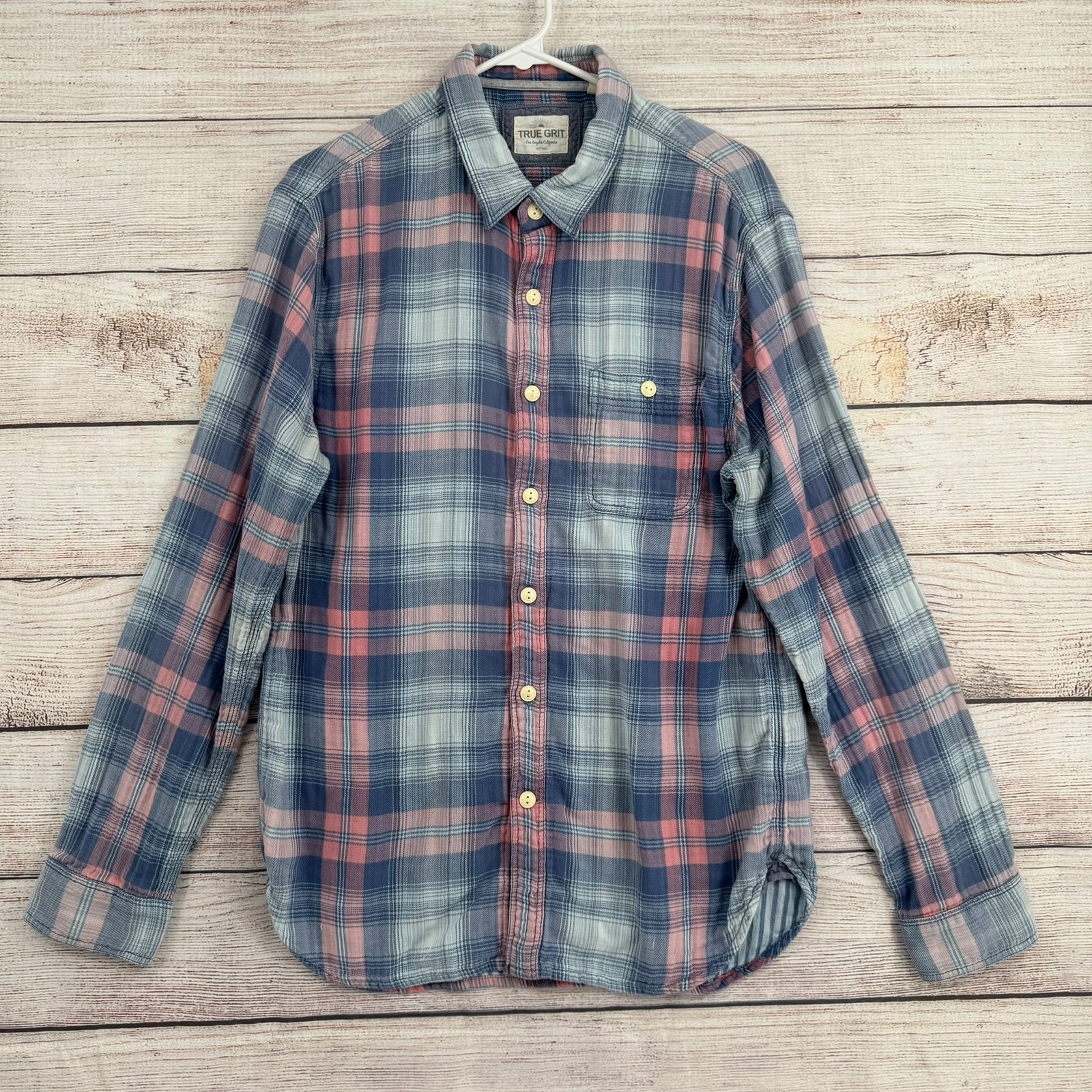 True Grit Plaid Button Down Shirt Mens Large Blue Pink Long Sleeve 100% Cotton